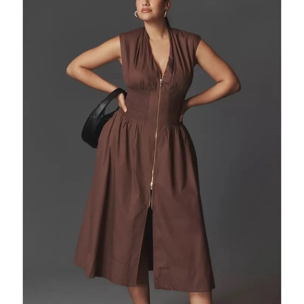 NWT Anthropologie The Tommie Cap Sleeve Smocked Front-Zip Shirt Dress Brown- 1X